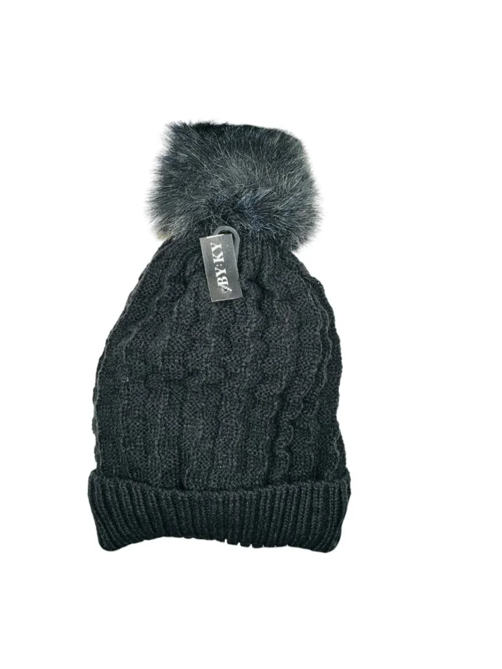 Black Cable Knit Winter Hat With Faux Fur Pom & Fleece Lining - By.KY Brand